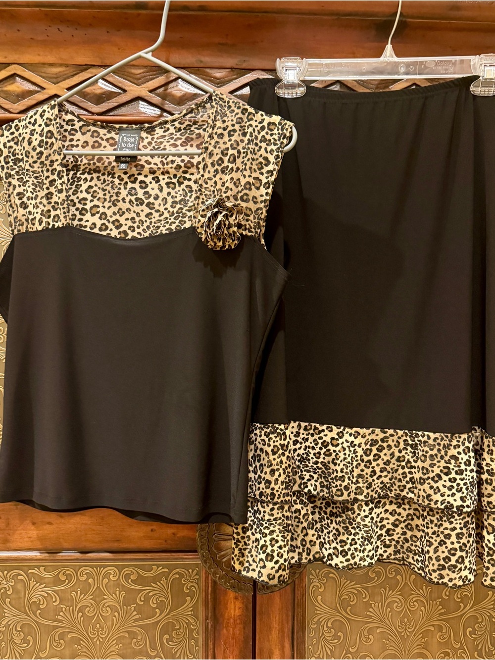 Suzie In The City Black with Leopard Trim Two-Piece Skirt Set
